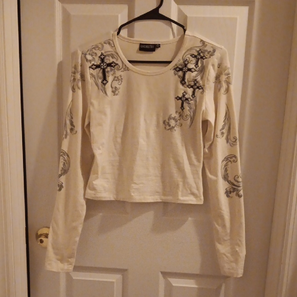 Cream Long Sleeve Top with Black Cross Design- NWOT
